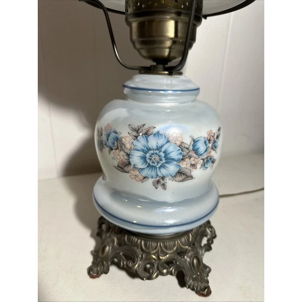 Vintage Gone With the Wind Lamp Blue Pink Floral Milk Glass Hurricane Victorian